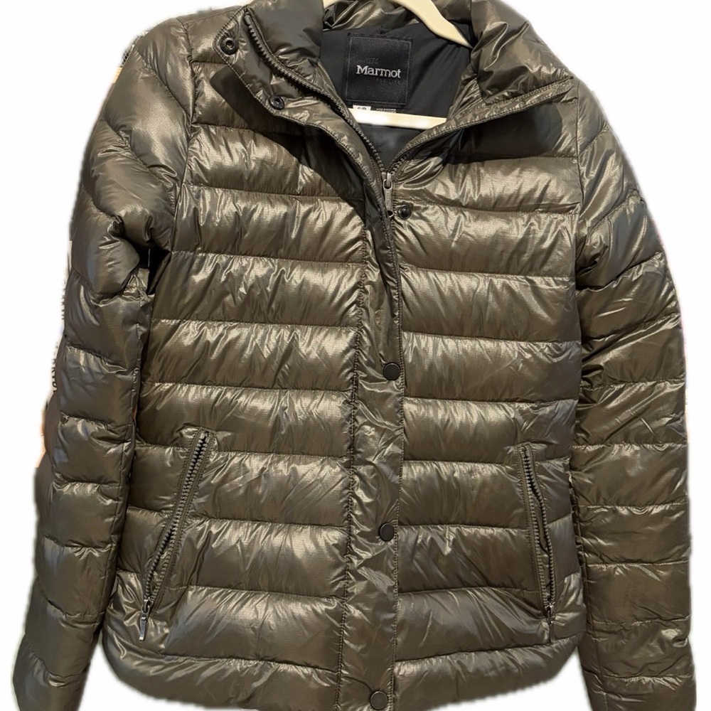 Marmot Ithaca 700 Fill Women's Dark Green Metallic Puffer Coat Faux Fur Hood